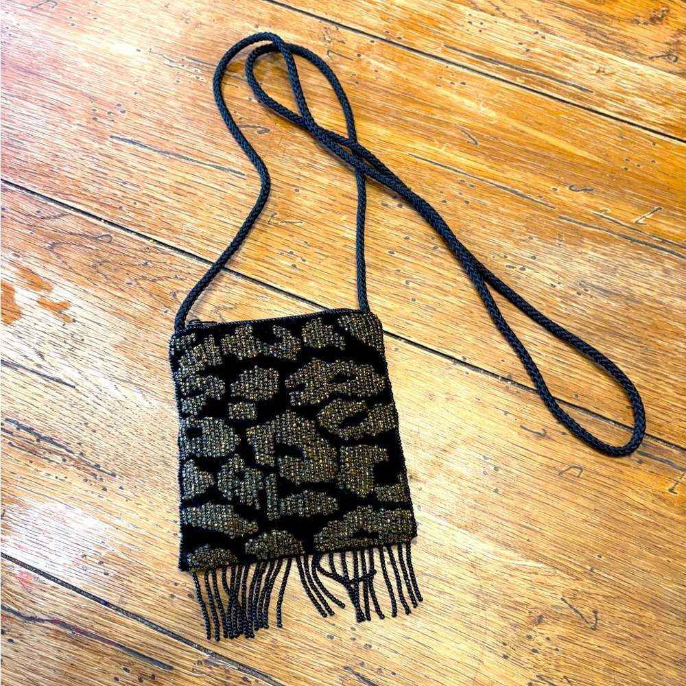 Vintage Inspired Gold Beaded Fringed Black Velvet Crossbody Bag